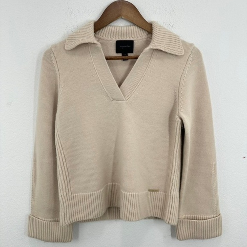 Magaschoni Women's Beige Merino Wool Blend Knit Sweater Collared Pullover Top